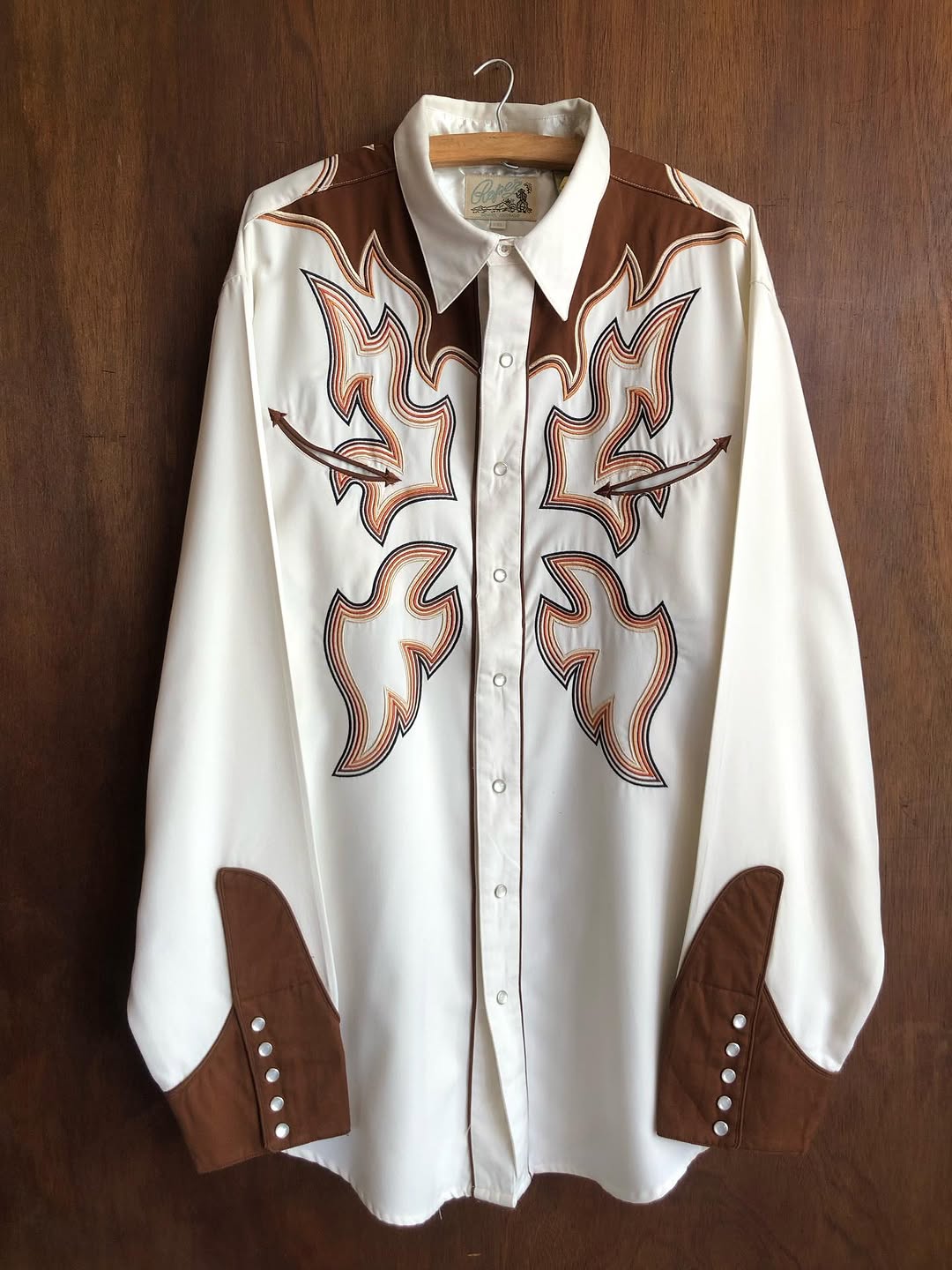 White Western Shirt with Brown Flame Embroidery
