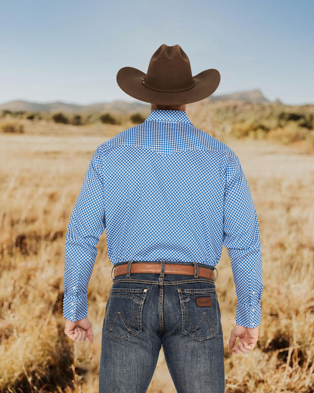 Men's Retro Western Light Blue Plaid Print Casual Lapel Long Sleeve Shirt