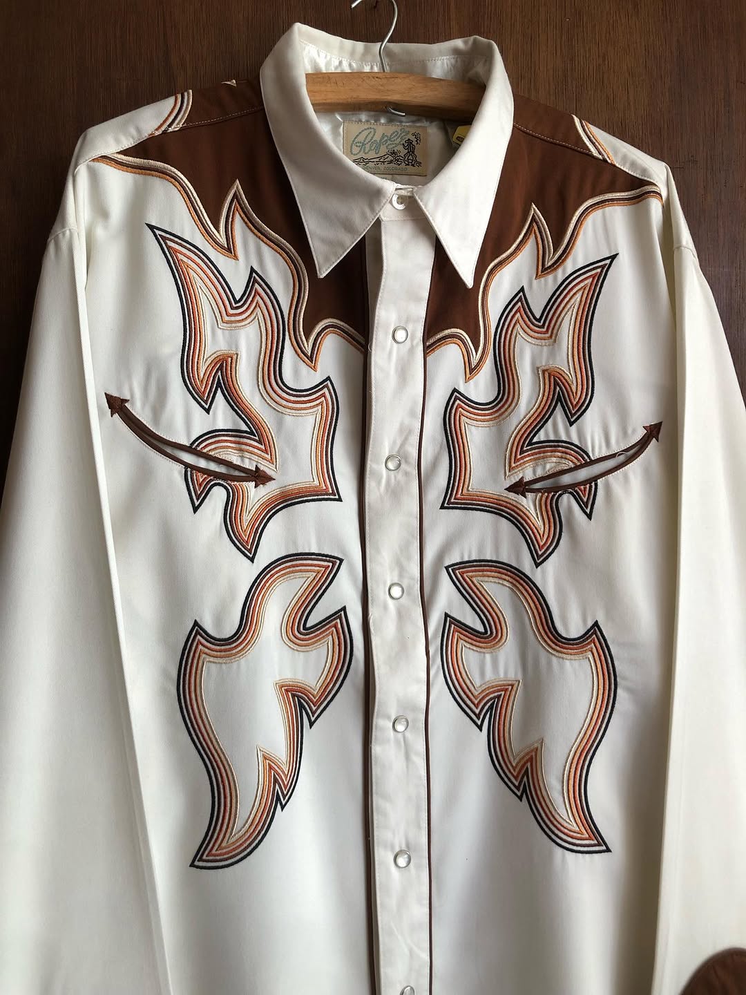 White Western Shirt with Brown Flame Embroidery