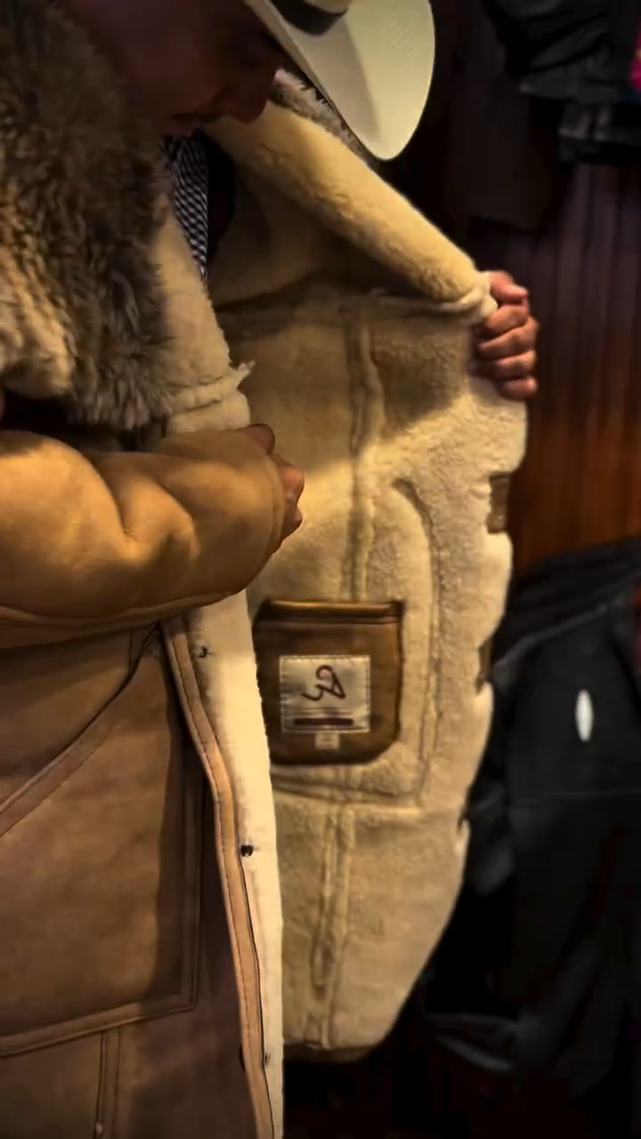 Vintage Shearling Lined Suede Western Coat with Wide Fur Collar