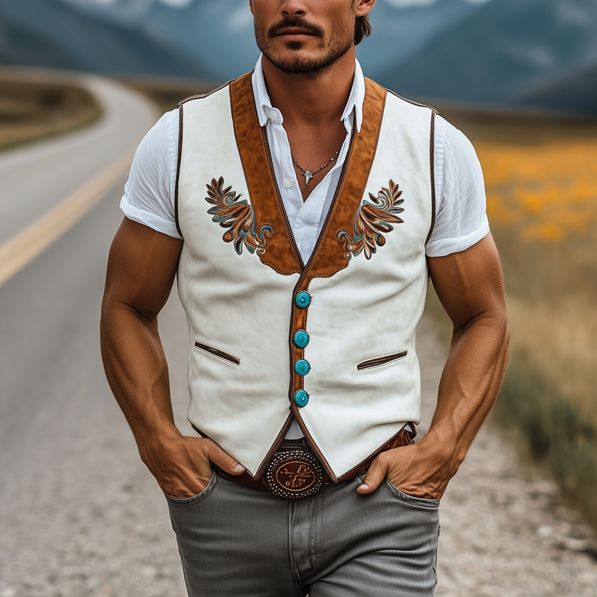 Men's Classic Casual Western Cowboy Style Embroidered Thin Suede Patchwork Slim Fit Vest MTA2206G6K