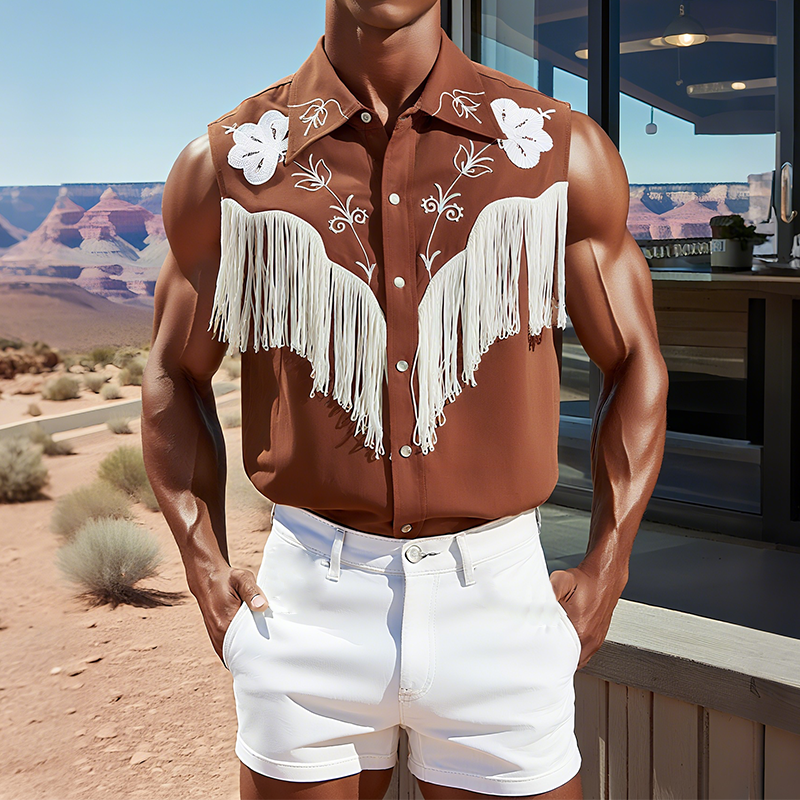 Men's Summer New Casual American Western Style Cotton Blend Embroidered Tassel Slim Sleeveless Shirt MTA1747F5K