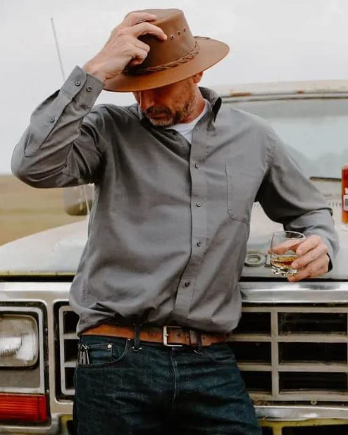 Men's Gray Western Casual Vintage Lapel Long Sleeve Shirt