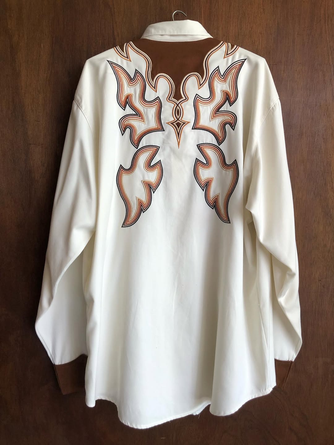 White Western Shirt with Brown Flame Embroidery