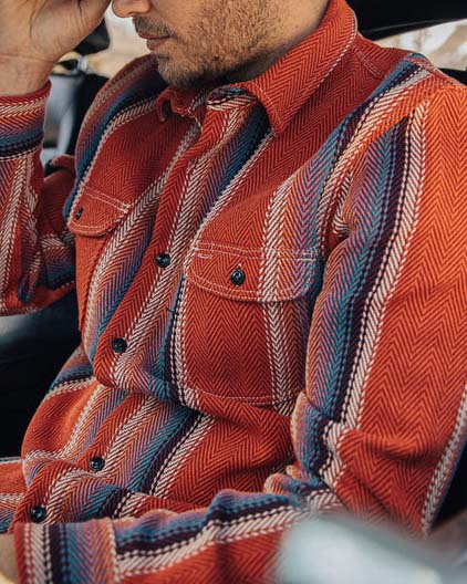 Men's Fashion Western Red Blue Striped Long Sleeve Shirt