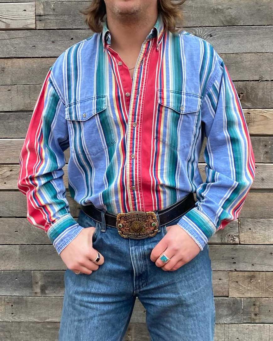 Men's Casual Vintage Blue Stripe Print Long Sleeve Lapel Shirt