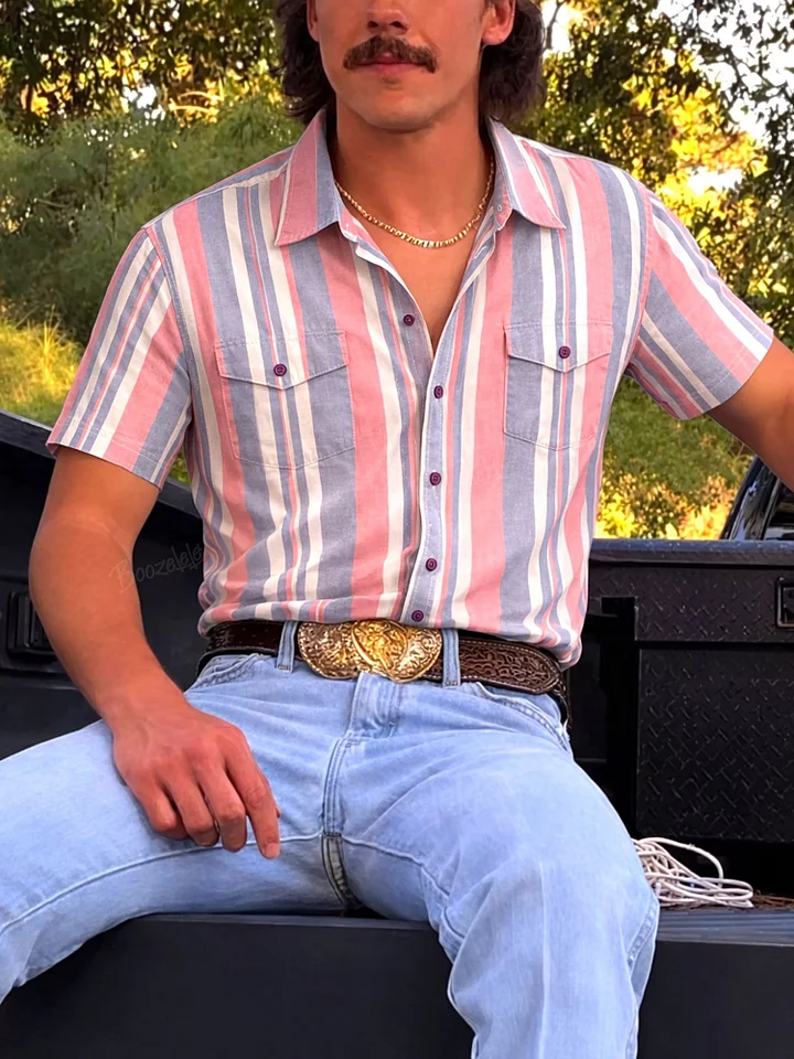 Men'S Western-Style Casual Pink And Blue Striped Shirt