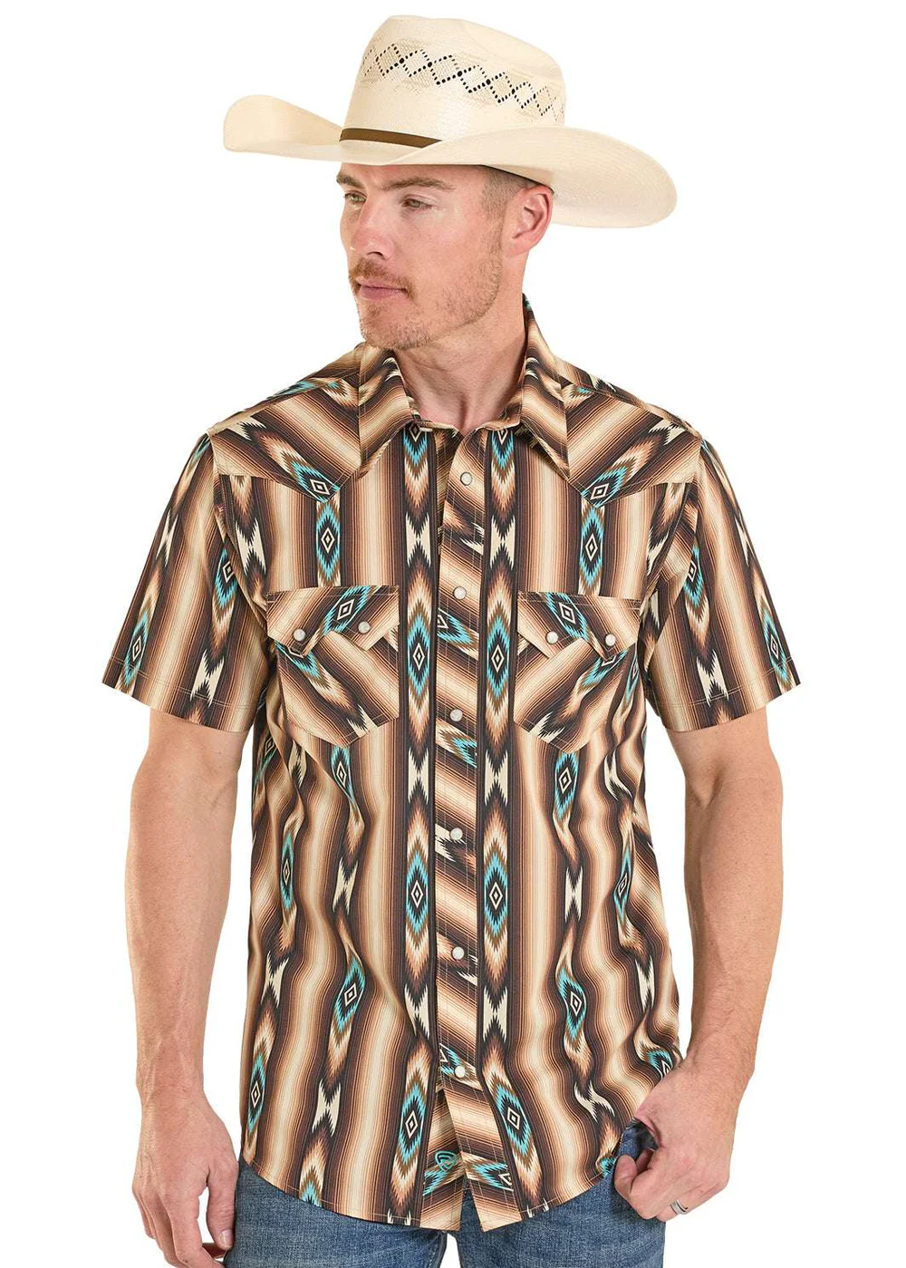 ROCK&ROLL SHIRT MENS AZTEC STRIPE PRINT SHORT DARK BROWN