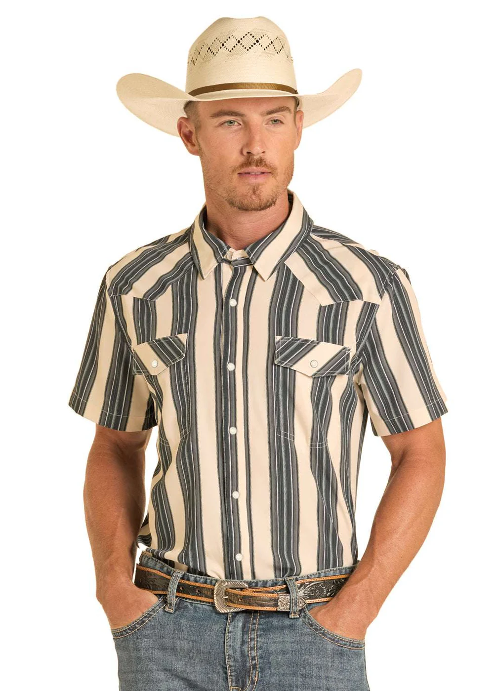 Panhandle Men's Short Sleeve Snap Button Slim Fit Black Short Shirt