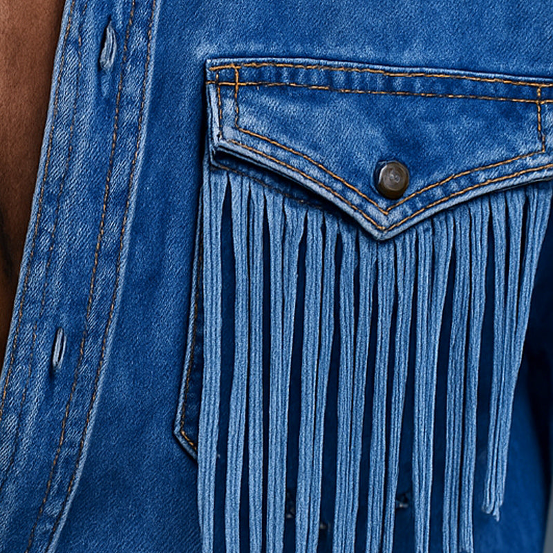 Men's Retro Western Cowboy Tassel Stitching Denim Long Sleeve Shirt 10742814U