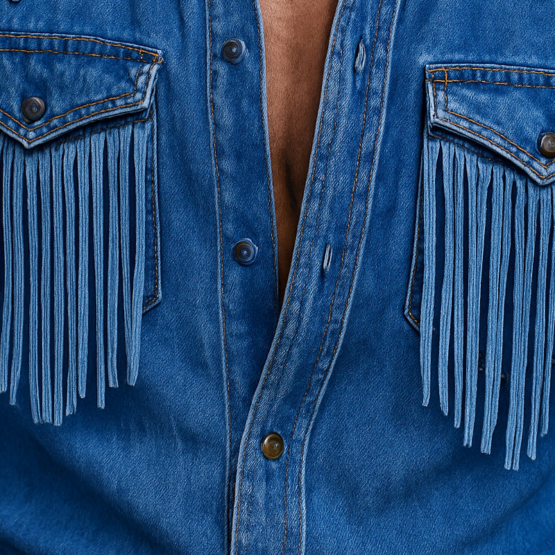 Men's Retro Western Cowboy Tassel Stitching Denim Long Sleeve Shirt 10742814U