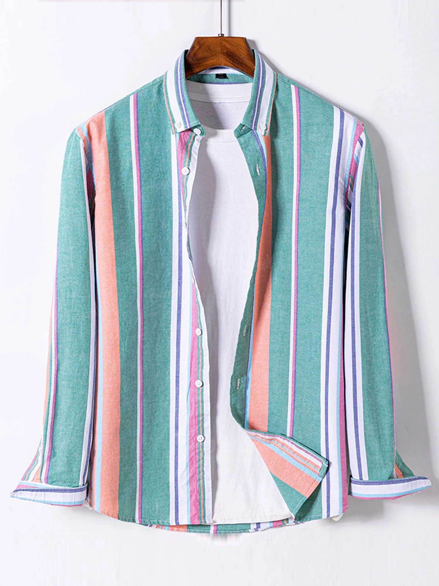 Men'S Western-Style Casual Green And Orange Striped Shirt