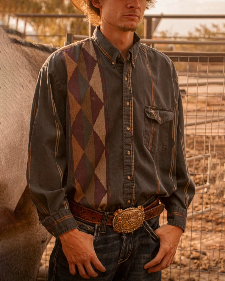 Men's Striped Print Retro Western Fashion Casual Lapel Long Sleeve Shirt