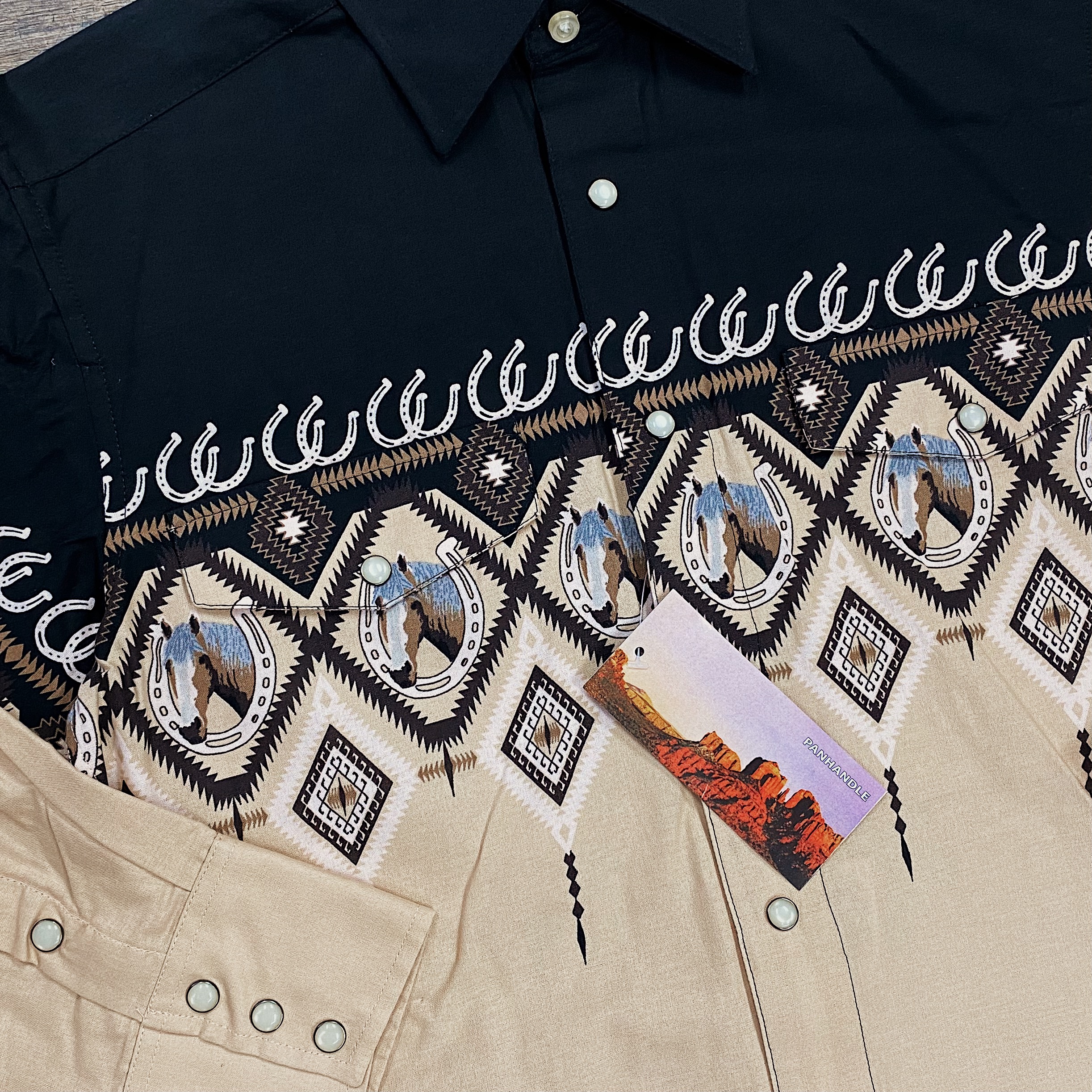 Panhandle: Relaxed Fit Lucky Horse Beige/Black LS Shirt