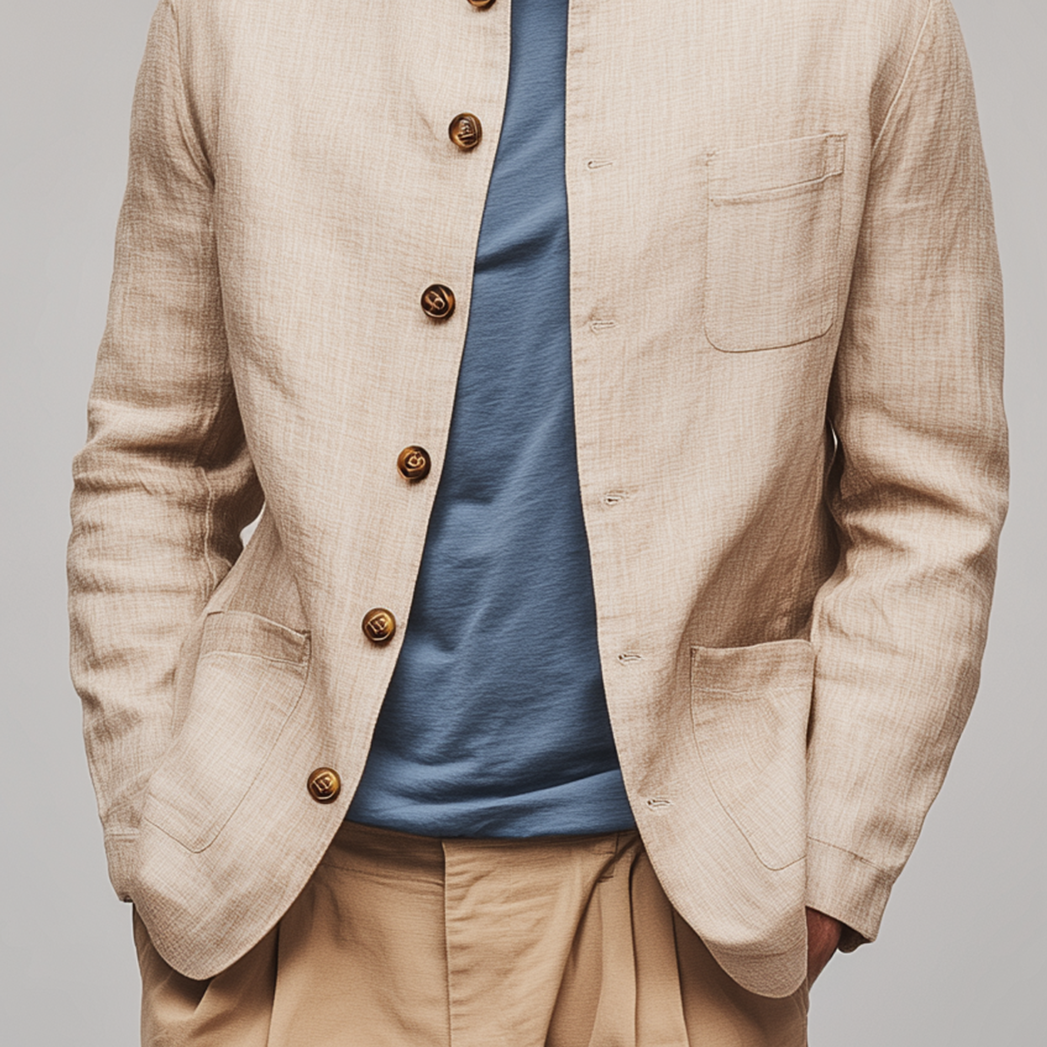 Men's Classic Retro Casual Cotton And Linen Blend Stand Collar Multi-pocket Jacket MTA0184H4K