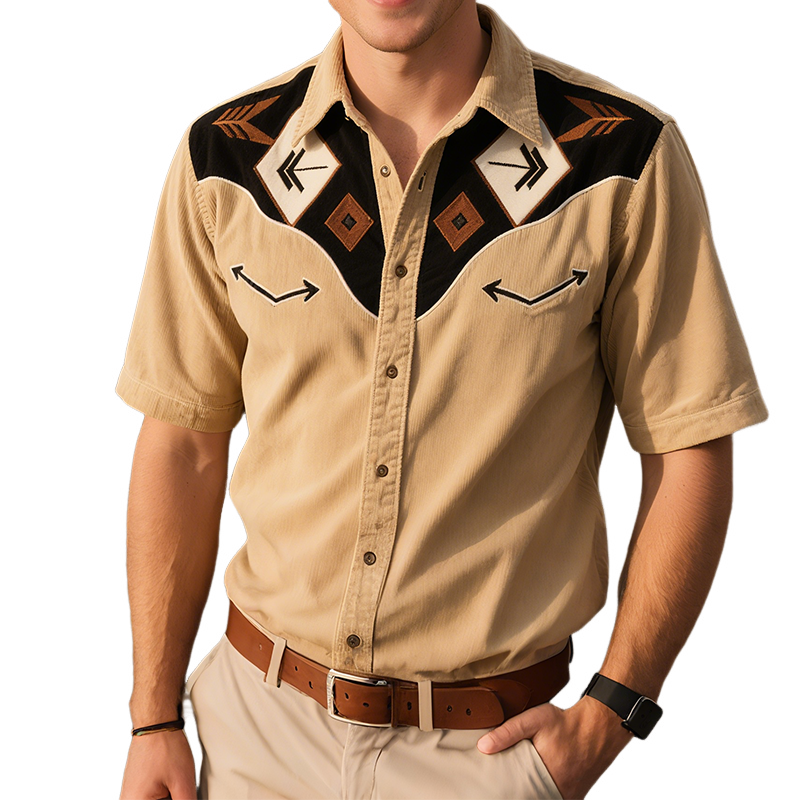 Men's Vintage Casual Western Corduroy Geometric Embroidery Lapel Turndown Sleeve Shirt MTA2236G0TO