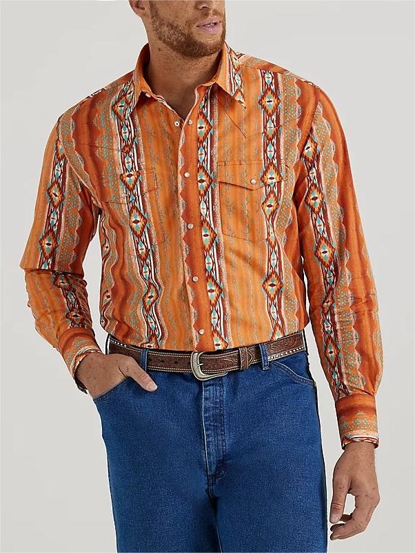 Long Sleeve Western Snap Printed Shirt In Rust
