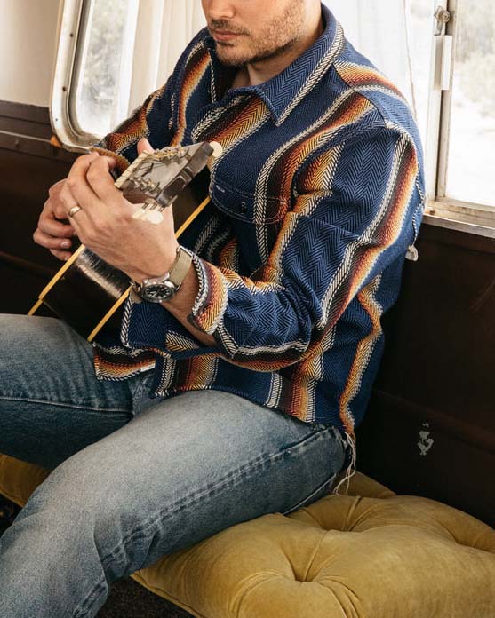 Men's Fashion Western Blue Orange Striped Long Sleeve Shirt