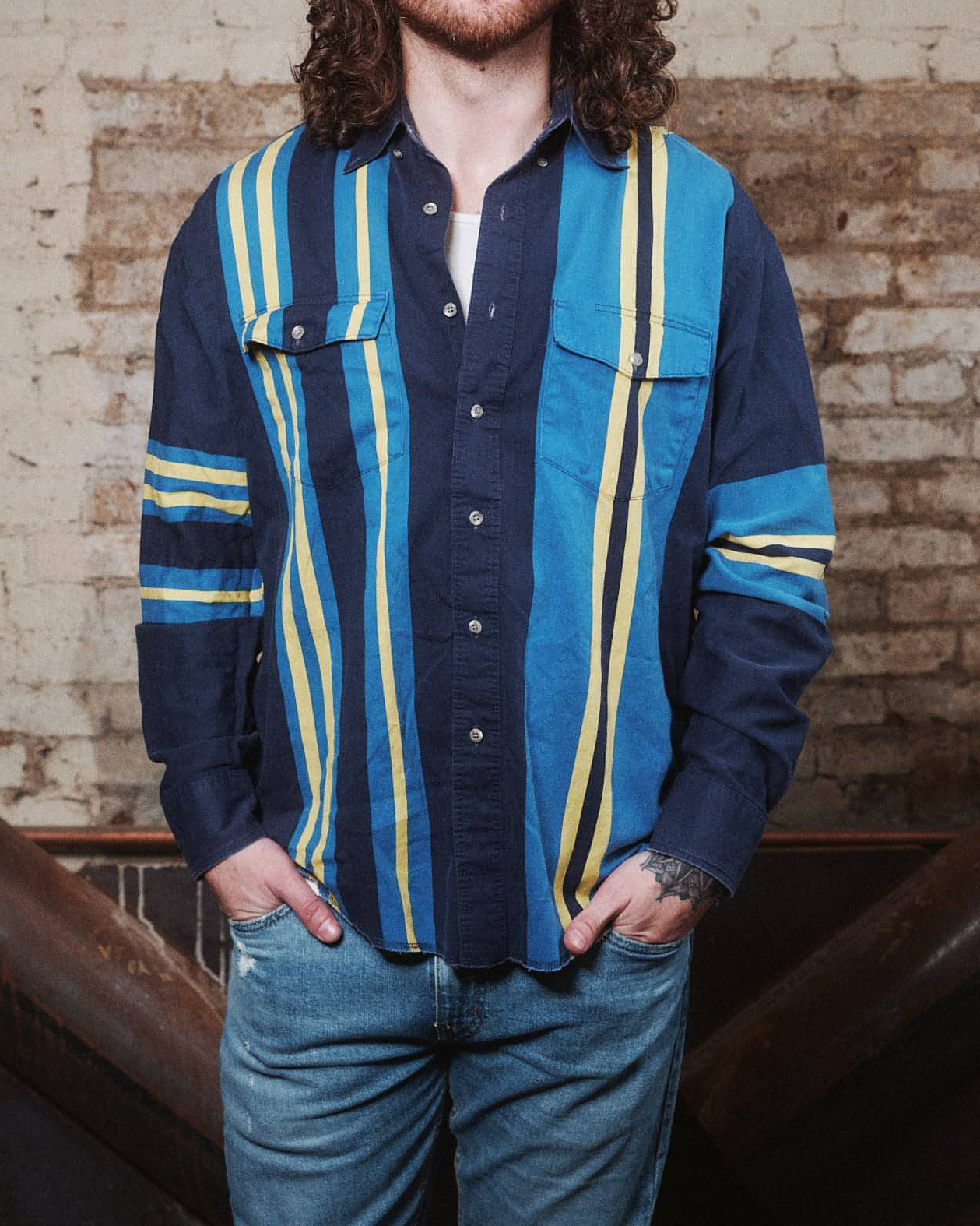 Men's Western Fashion Dark Blue Yellow Striped Long Sleeve Shirt