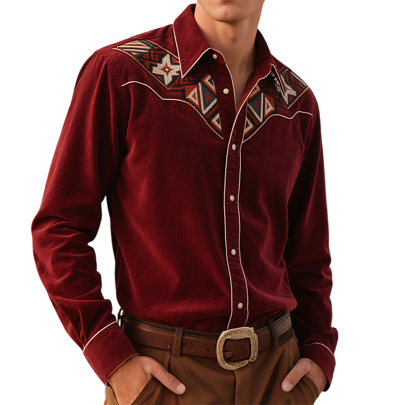 Men's Vintage Casual Western Corduroy Embroidered Lapel Long Sleeve Shirt MTA2204G1TO