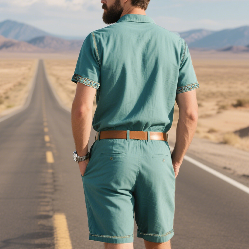 Men's Summer Fashion Casual Retro Western Style Tencel Denim Embroidery Jumpsuit (Without Belt) MTA1721D4K