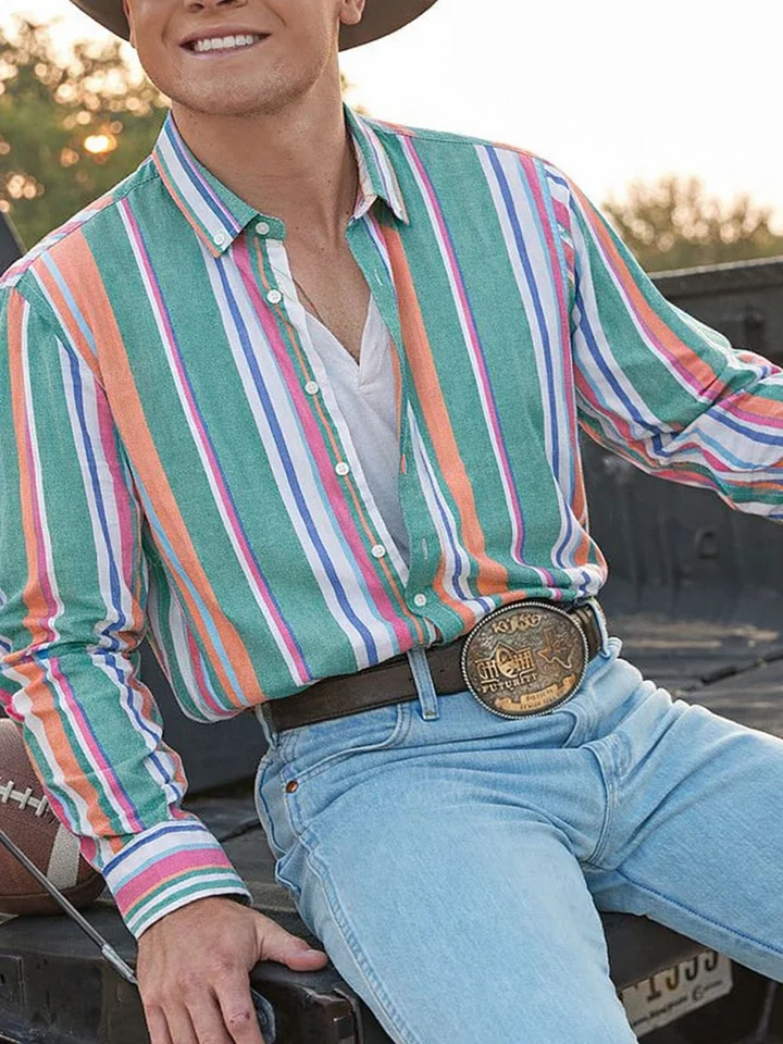 Men'S Western-Style Casual Green And Orange Striped Shirt