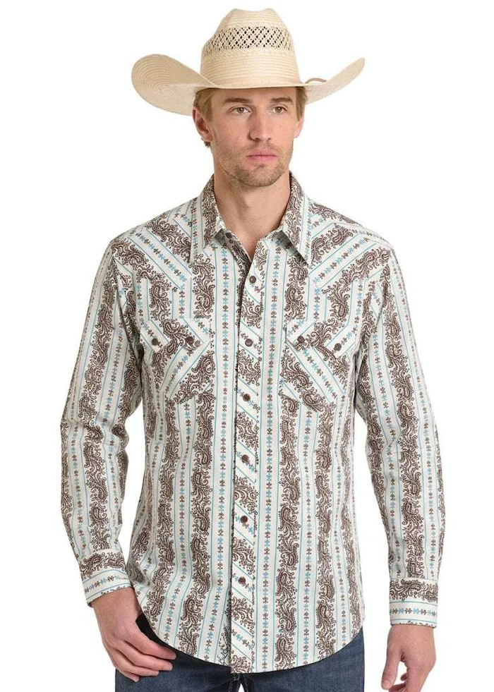Rock & Roll Long Sleeve White Brown Teak RR Paisley Stripe Shirt