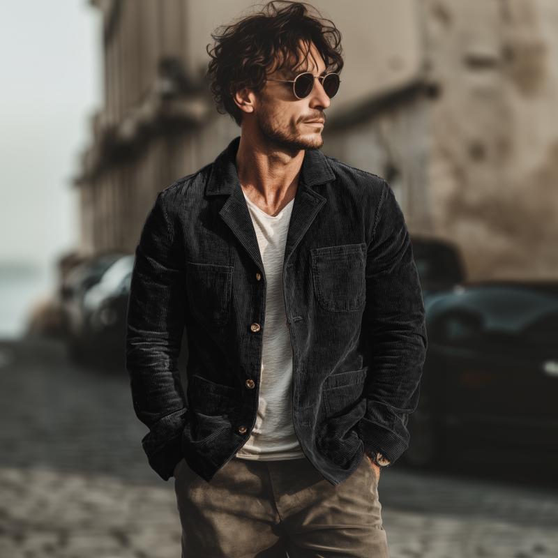 Men's Casual Solid Color Corduroy Lapel Single-breasted Patch Pocket Loose Cargo Jacket MTA3107G1M