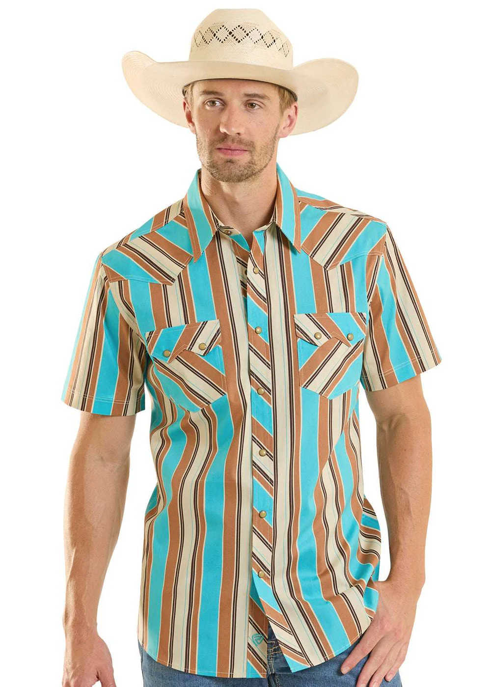 Men's Turquoise and Brown Stripe Short Sleeve Button Up Shirt