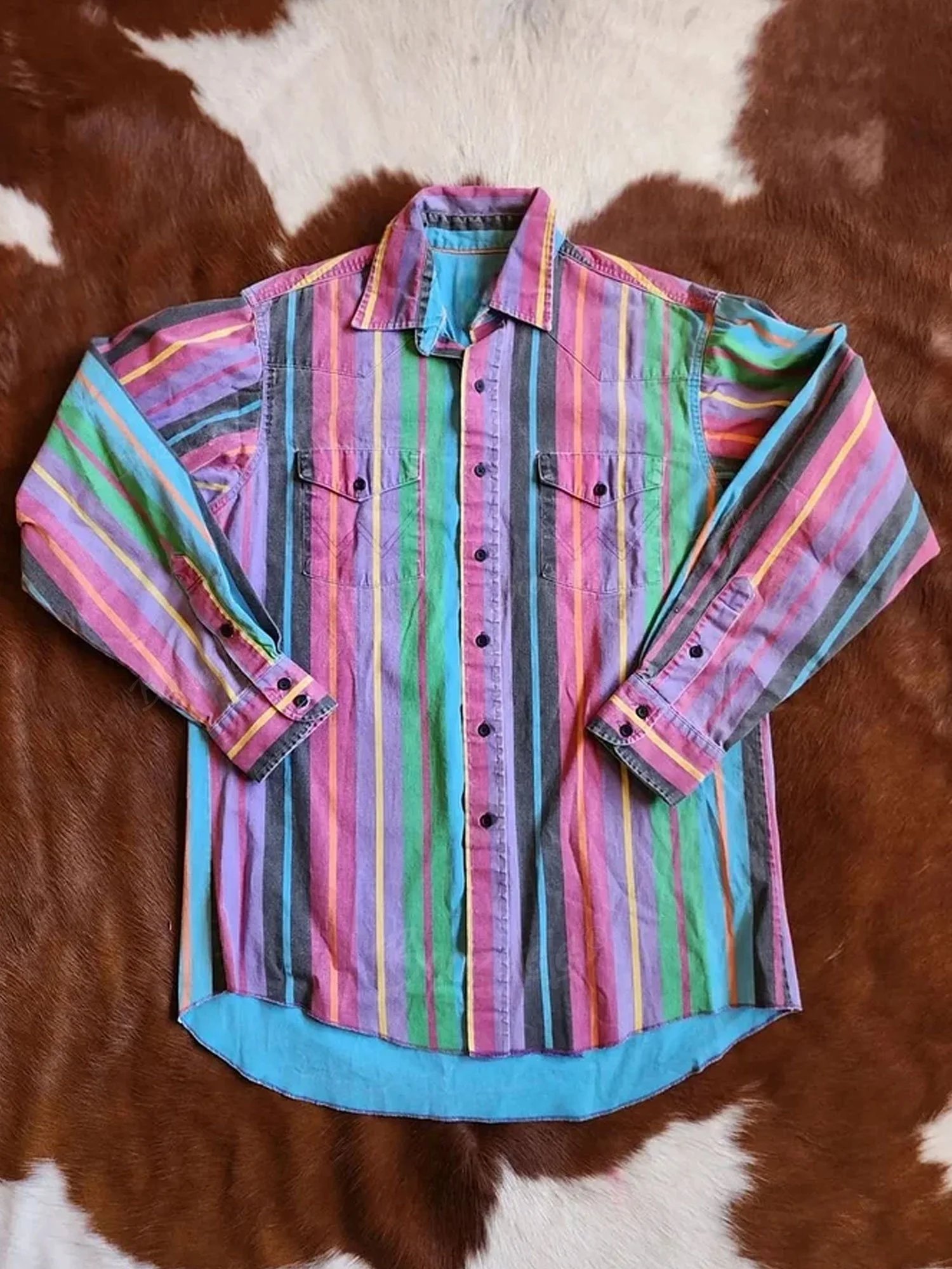 Men'S Western-Style Casual Blue And Red Striped Shirt