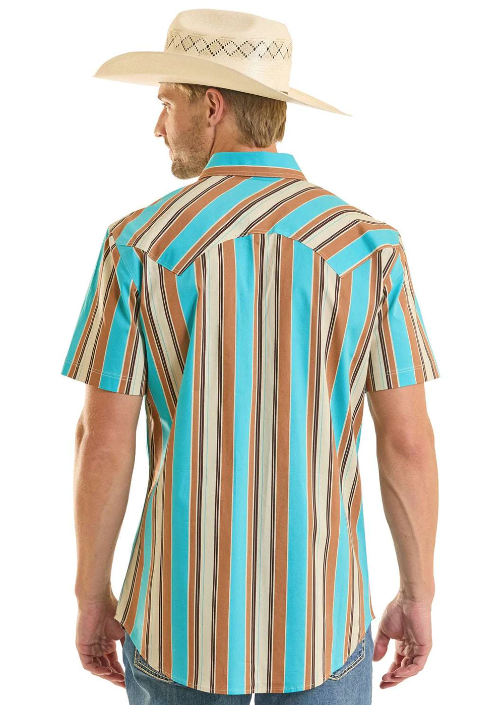 Men's Turquoise and Brown Stripe Short Sleeve Button Up Shirt