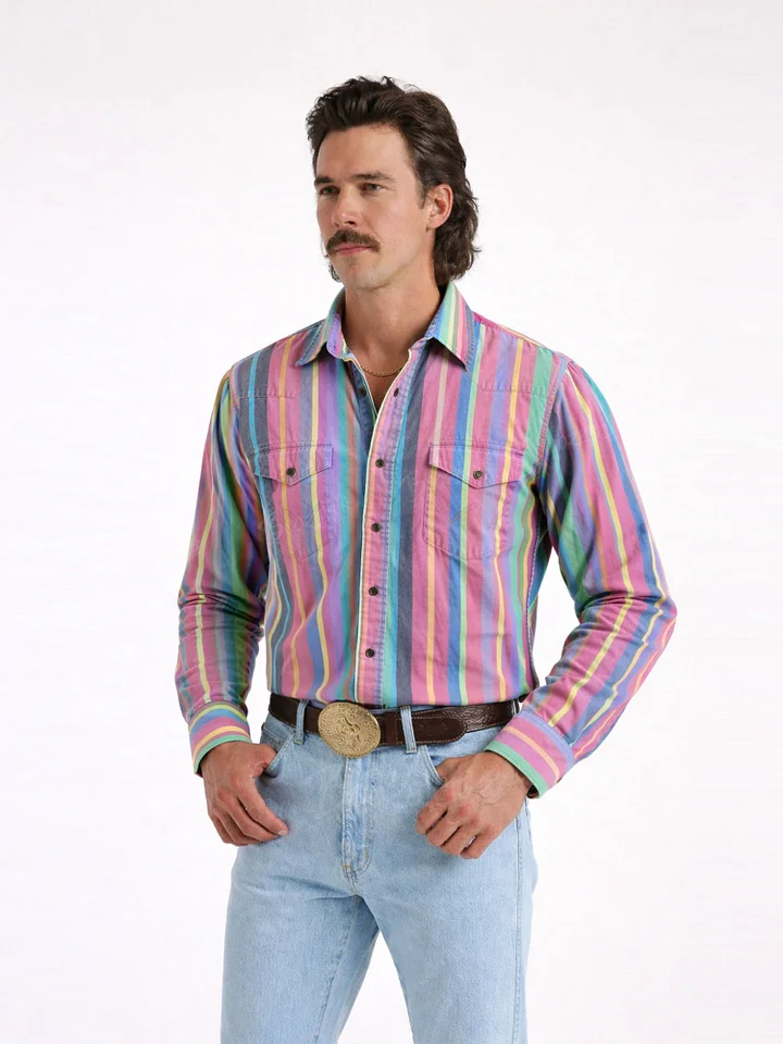 Men'S Western-Style Casual Blue And Red Striped Shirt