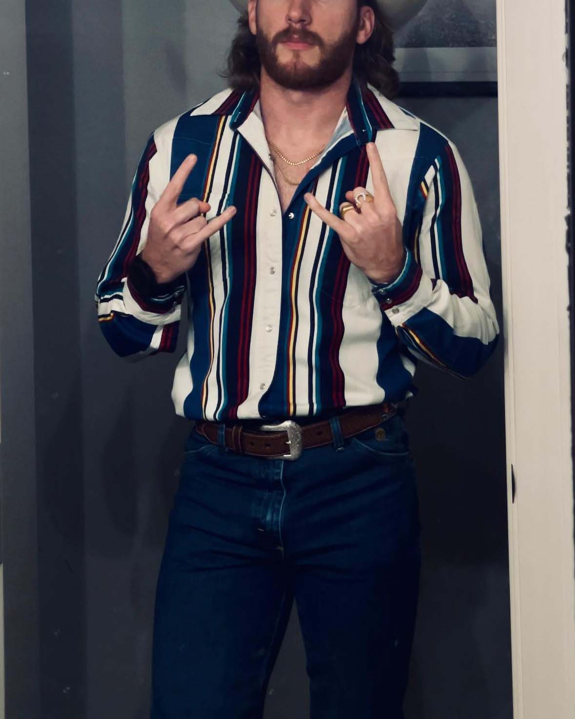 Men's Fashion Western Blue White Striped Long Sleeve Shirt