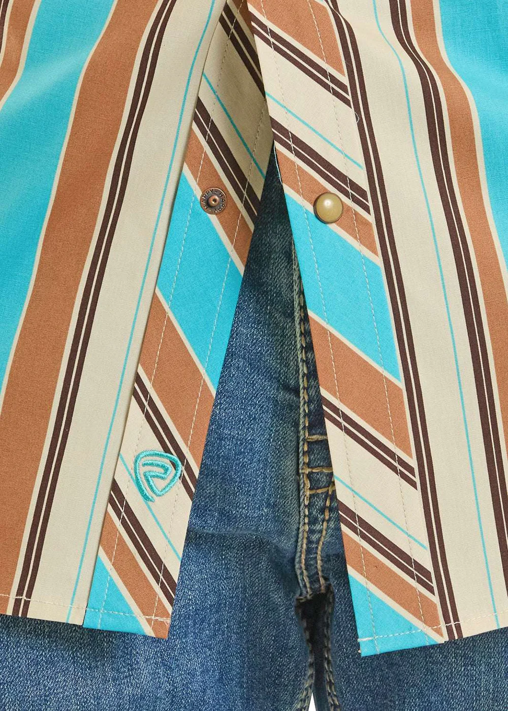 Men's Turquoise and Brown Stripe Short Sleeve Button Up Shirt