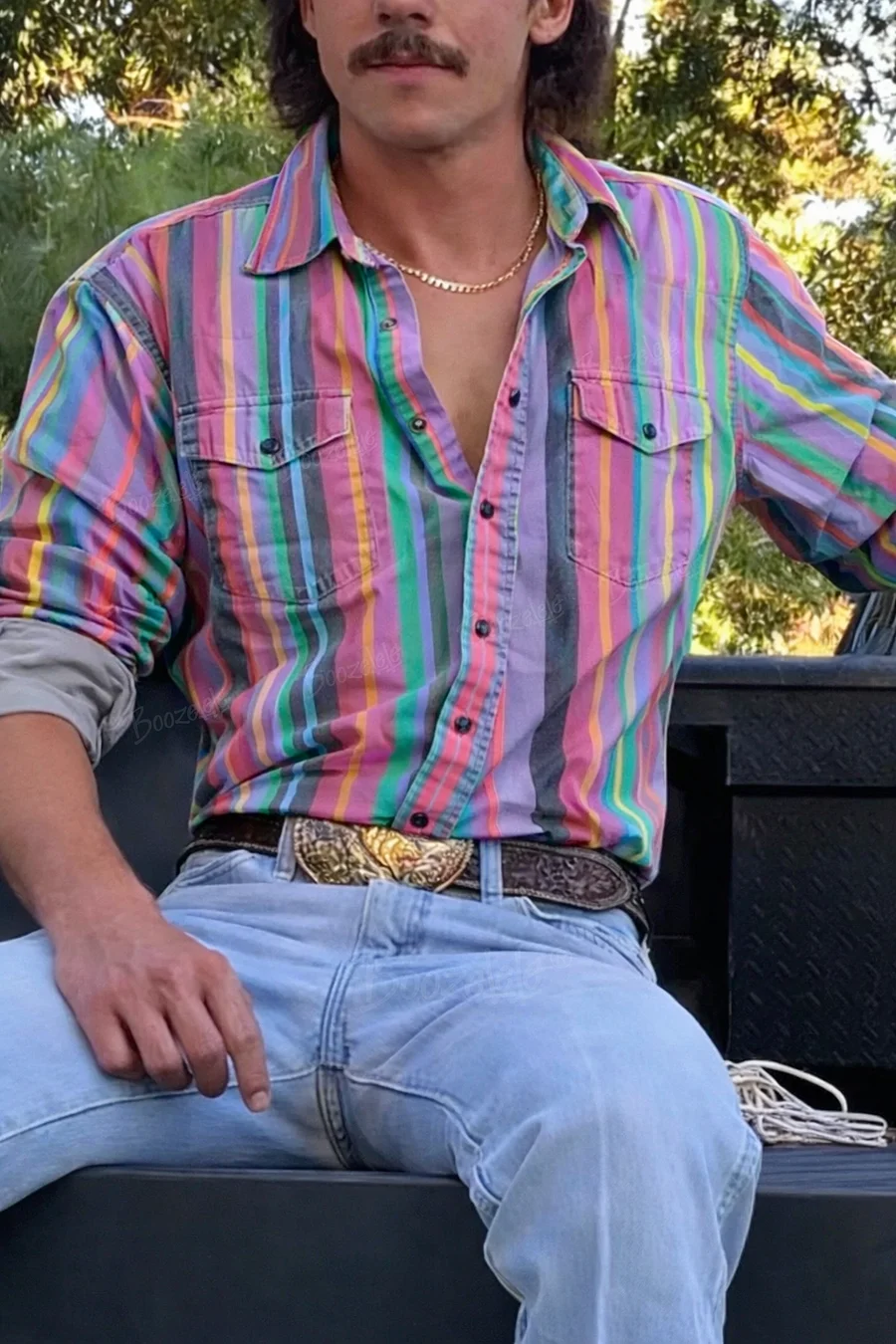 Men'S Western-Style Casual Blue And Red Striped Shirt