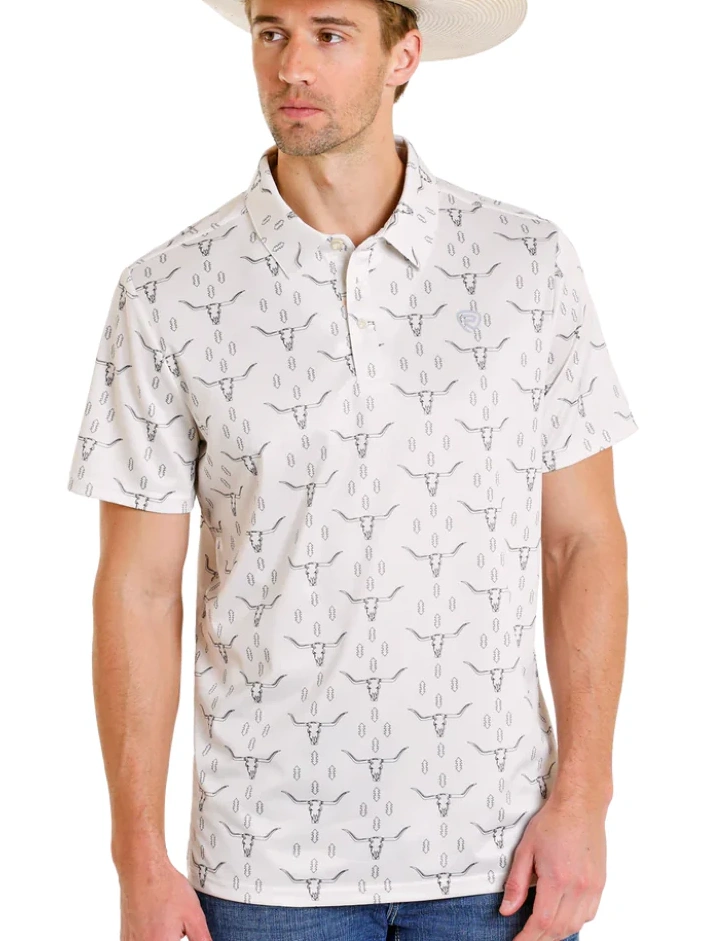 Rock & Roll Denim Men's Natural Longhorn Printed Mesh Polo Shirt