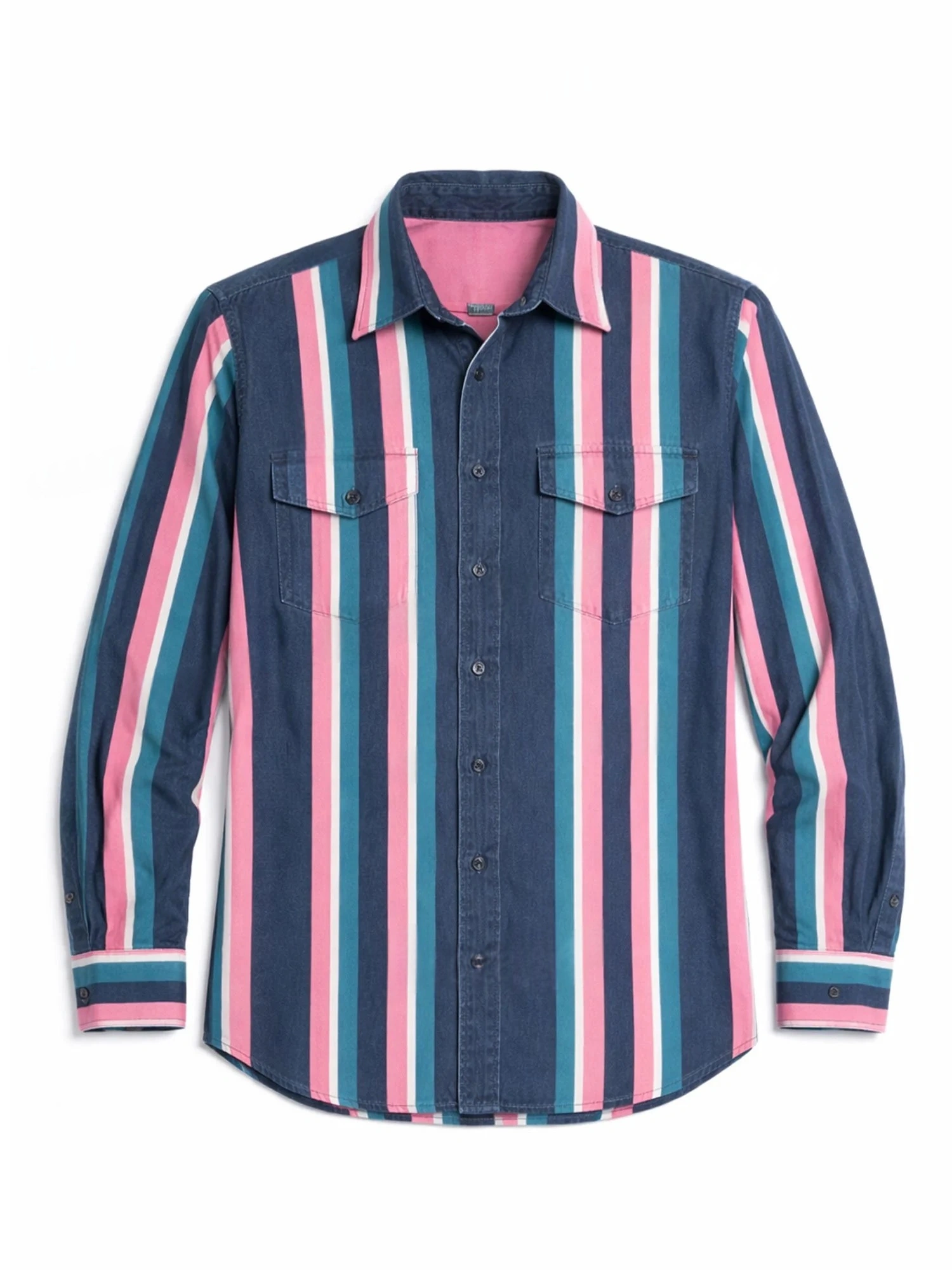 Men'S Western-Style Casual Blue And Pink Striped Shirt