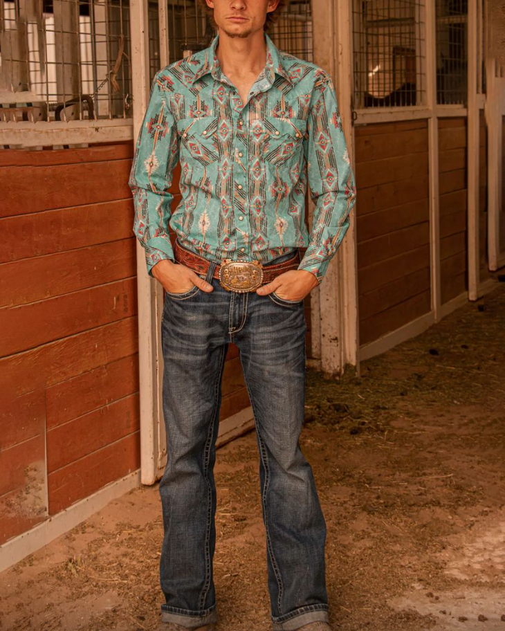 Men's Retro Western Fashion Green Printed Casual Lapel Long Sleeve Shirt