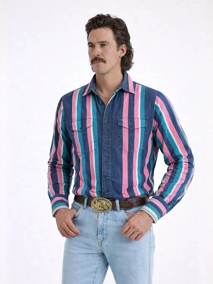 Men'S Western-Style Casual Blue And Pink Striped Shirt