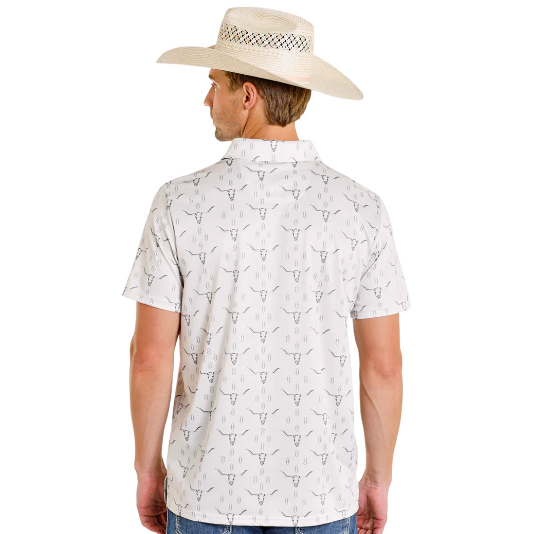 Rock & Roll Denim Men's Natural Longhorn Printed Mesh Polo Shirt