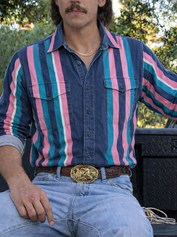 Men'S Western-Style Casual Blue And Pink Striped Shirt