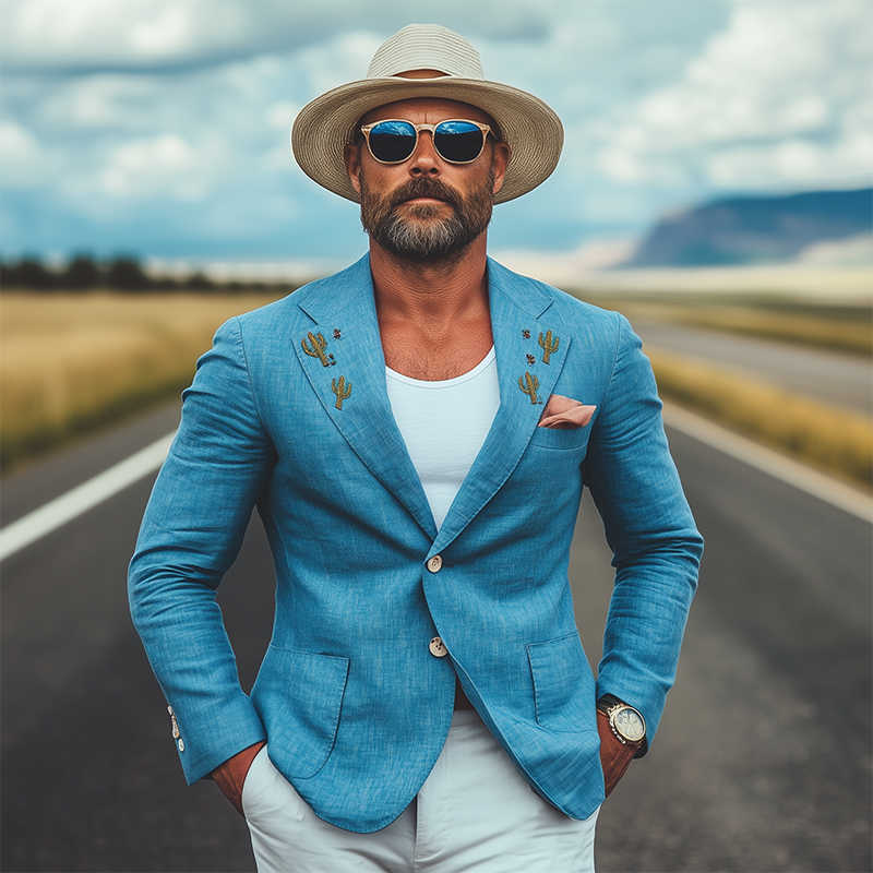 Men's Spring And Summer Casual American Western Tough Style Cactus Embroidered Blue Cotton And Linen Single-breasted Blazer MTA0991F2K