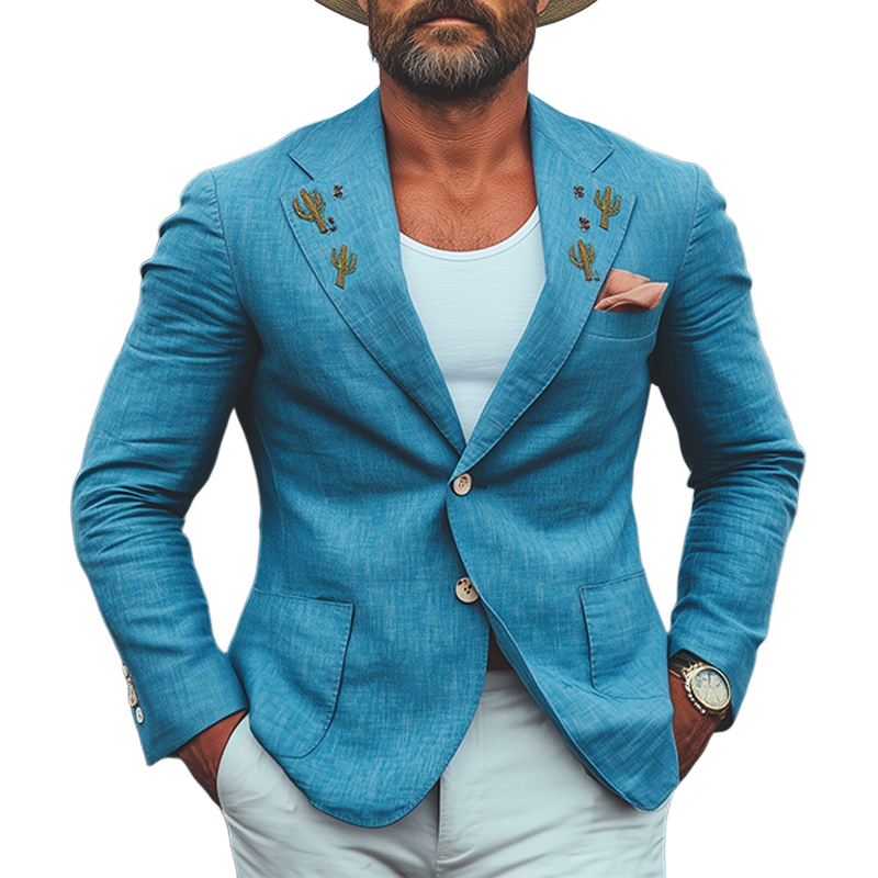 Men's Spring And Summer Casual American Western Tough Style Cactus Embroidered Blue Cotton And Linen Single-breasted Blazer MTA0991F2K