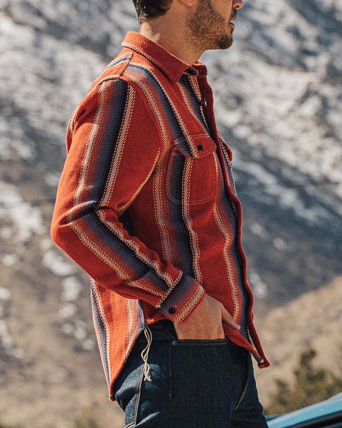 Men's Fashion Western Red Blue Striped Long Sleeve Shirt