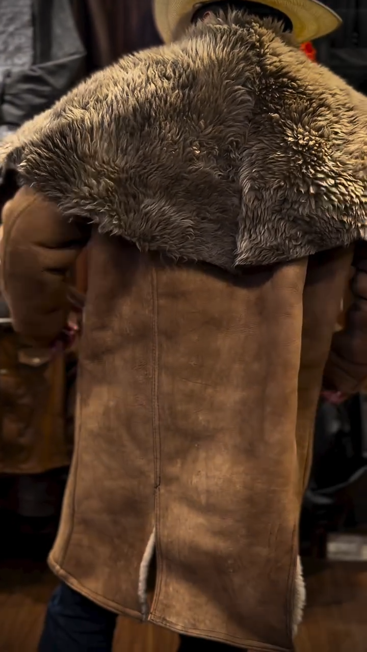 Vintage Shearling Lined Suede Western Coat with Wide Fur Collar