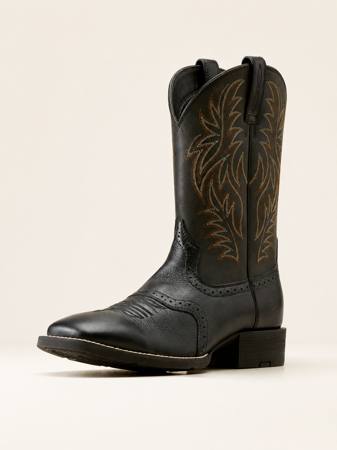 Men's Sport Western Wide Square Toe Cowboy Boot in Black Deertan/Black