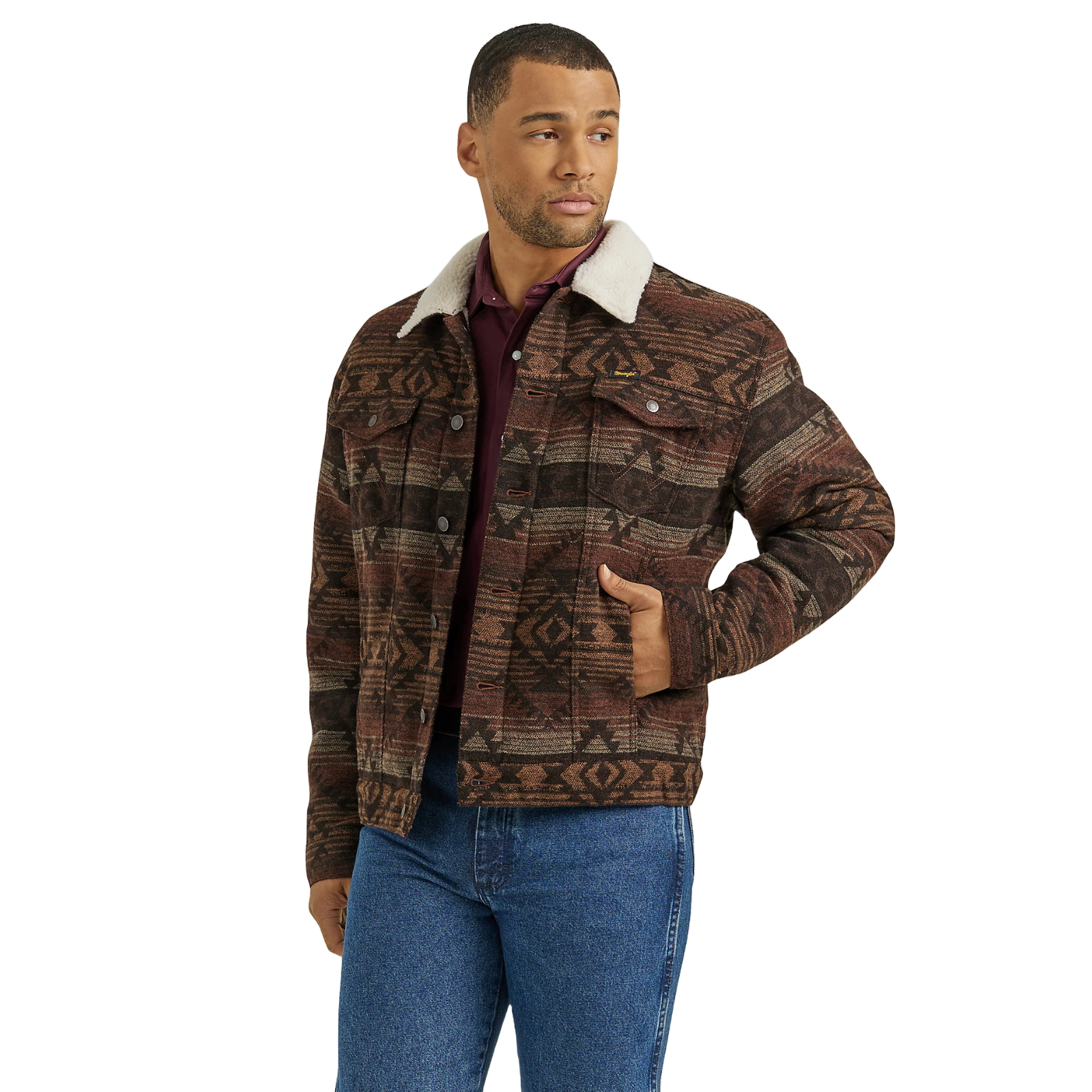 Men's Jacquard Geometric Graphic Sherpa Brown Jacket