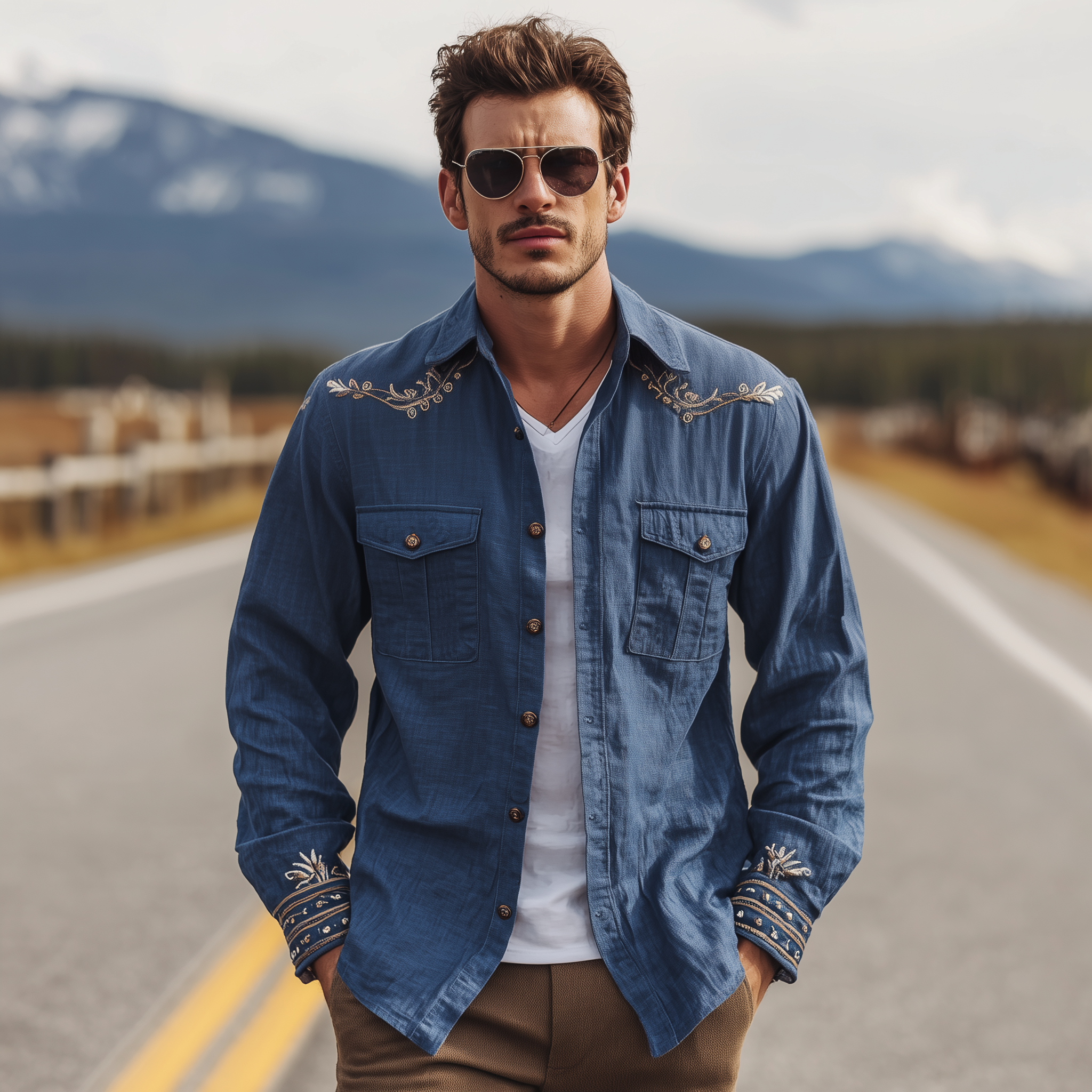 Men's Classic Casual Western Cowboy Style Embroidered Cotton And Linen Blend Long-sleeved Shirt MTA3195G7K