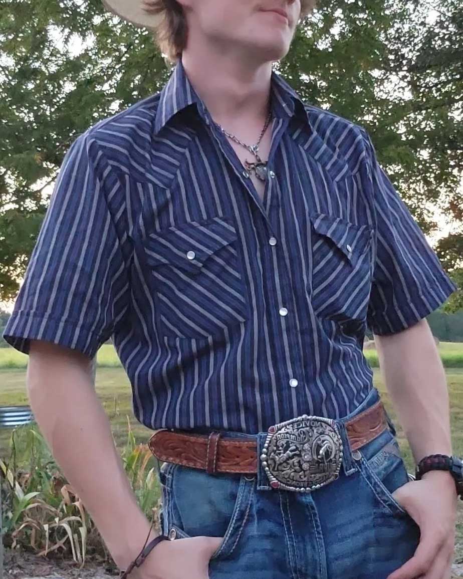 Men's Casual Retro Blue Striped Short Sleeve Shirt