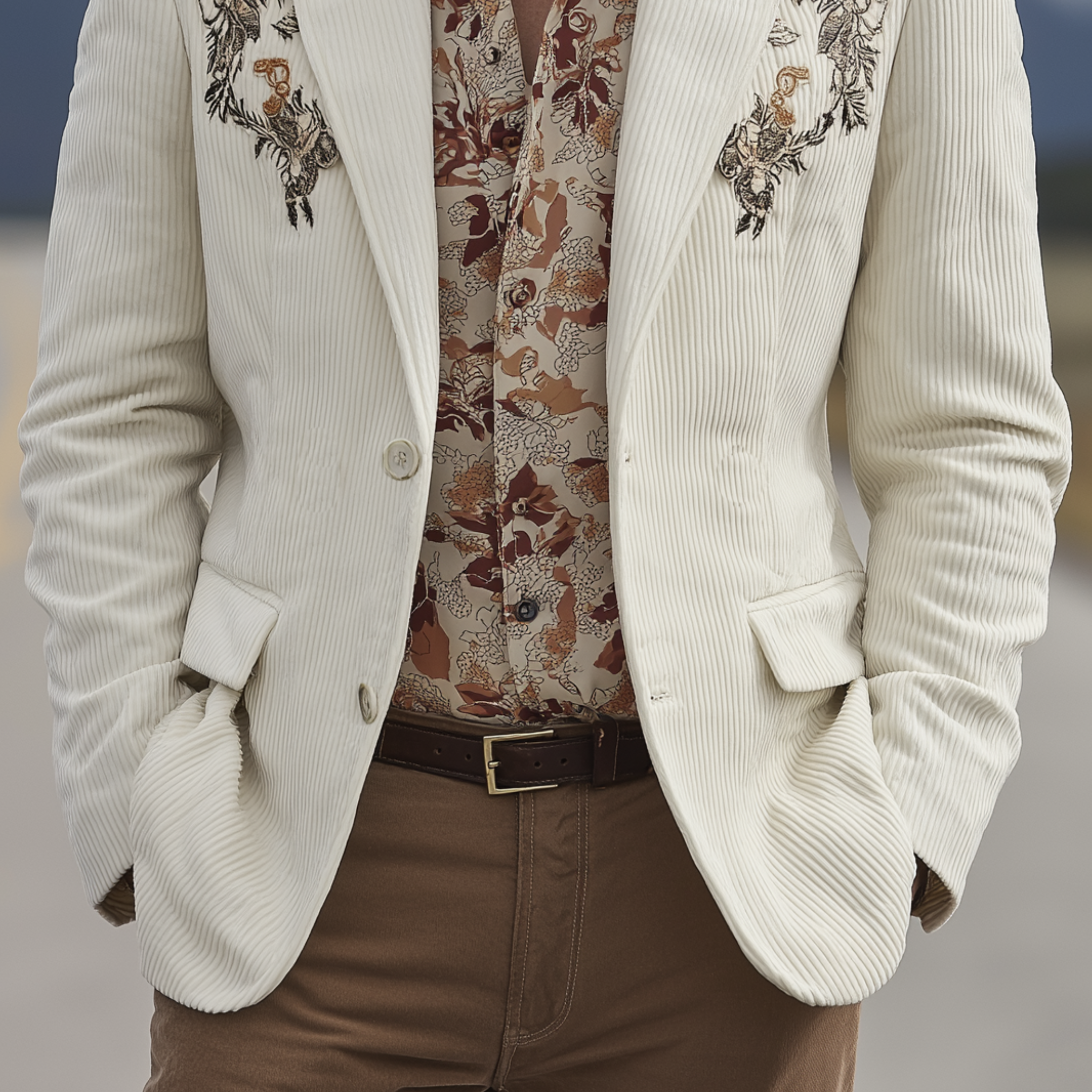 Men's Classic Casual Western Cowboy Style Corduroy Embroidered Single-breasted Blazer MTA3140G8K